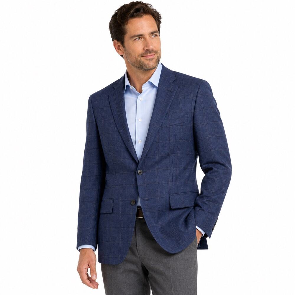 Hickey Freeman Dillard’s 42L Blue Windowpane Sport Coat Blazer 100% Worsted Wool